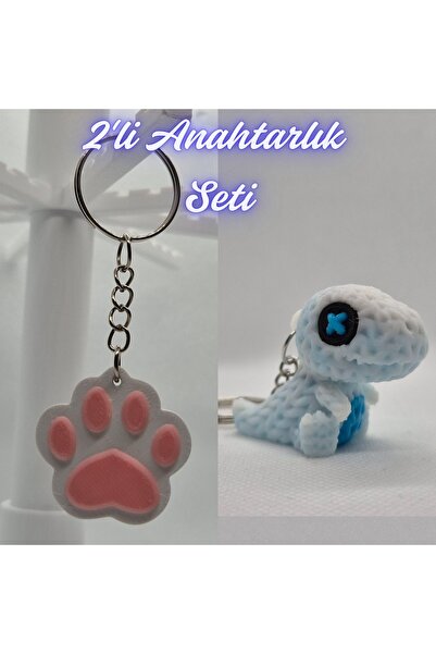 3DAtölyeMaker Light Pink Cat Paw and White Knitted Pattern Moving Dino Keychain
