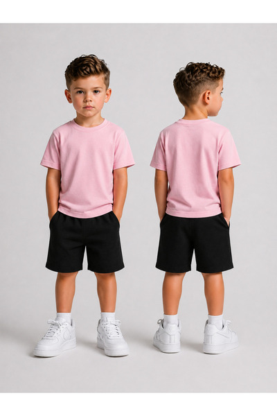 LORVEX Set tricou și pantaloni scurți pentru băieți, fără imprimeu, din bumba...