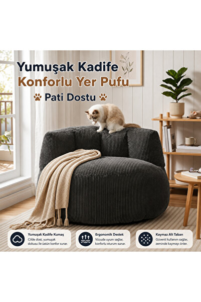 puffiber Premium Yer Pufu Fitilli Kadife Tek Kişilik Relax Koltuk 94x76 Cm