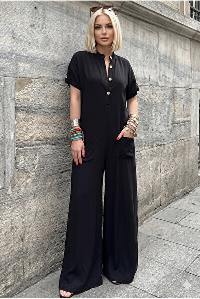 Pasaklı Giyim Women's Black Judge Collar Short Sleeve Pocketed 100% Viscose L...