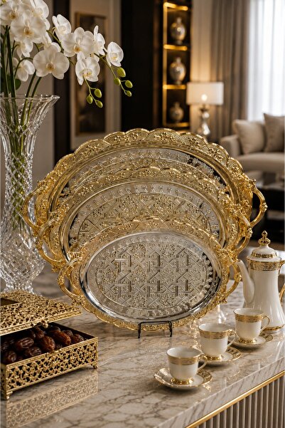 Generic Oval Serving Tray Set Combining the Brilliance of Gold and the Purity...