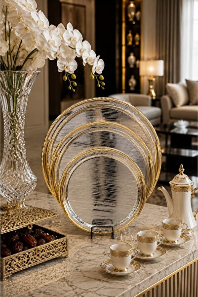 Generic Round Striped Serving Tray Set Combining the Brilliance of Gold and t...