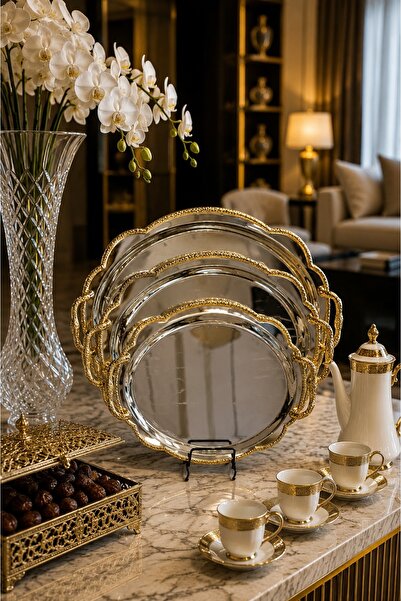 Generic Charming Gold Rimmed Oval Tray Set with Embossed Patterns Combining L...