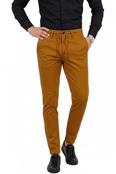 DeepSEA Men's Tan Lycra Slim Fit Stylish Fabric Trousers with Elastic Waist &...