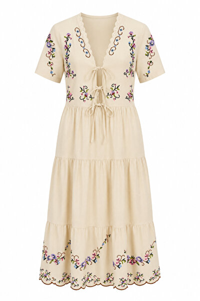 HAZELANNA Collared Lace-Up Embroidered Linen Dress