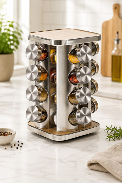 Bayguru 16-Piece Rotating Spice Rack Set with Stainless Steel Body and Wooden...