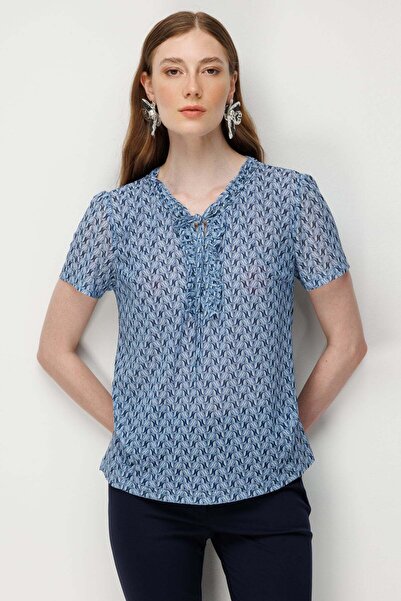 Ekol Lace-Up Patterned Blouse