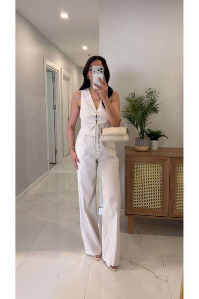 BİRCANÇİL Cesind Ecru Striped Vest and Trousers Set