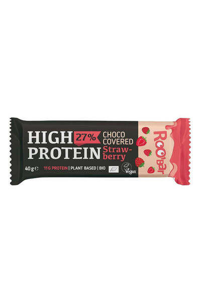 Roobar Baton proteic bio cu căpșuni acoperit cu ciocolată vegană fără gluten ...