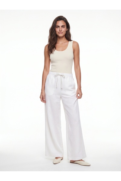 ONLOOX White Cotton Linen Textured Palazzo Wide-Leg Trousers with Elastic Wai...