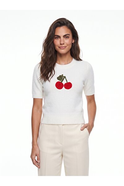ONLOOX White Soft Knitwear Textured Crew Neck Short Sleeve Cherry Embroidered...