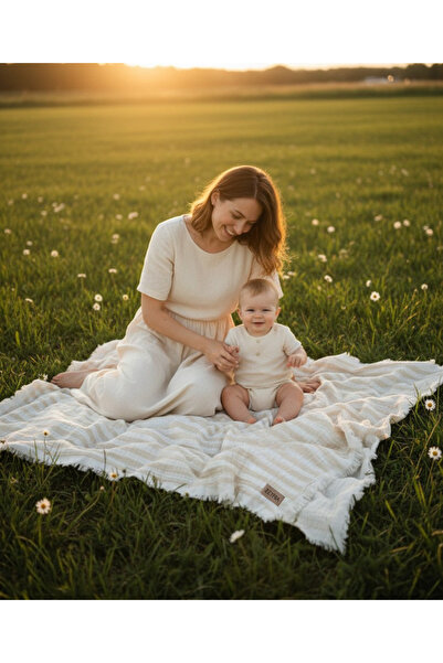 ZEYPBA 4 Layer Muslin Blanket Light Beige Striped 110X110 cm (for Baby & Chil...