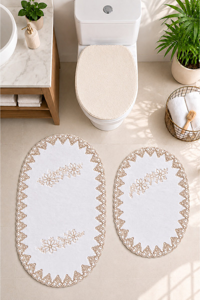 Teksev 3lü Set Gold-Gümüş Fransız Dantelli Lüks Banyo Paspası Kaymaz Tabanlı ...