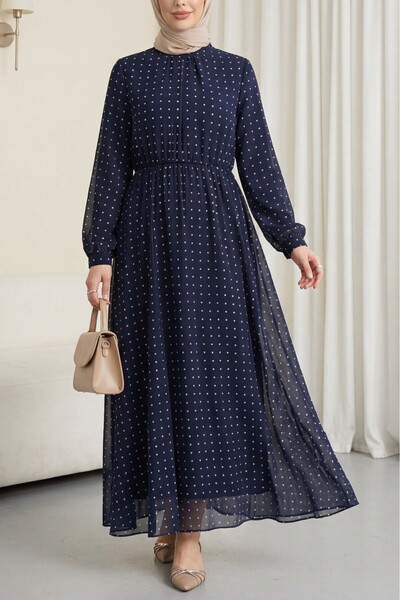 Modamorfo Lined, Elastic Waist, Polka Dot Patterned Long Chiffon Dress - Navy...