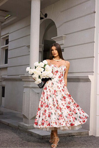 Clarice Rochie midi albă cu imprimeu floral Rosea