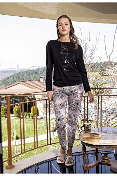 Fanilam Jiber Women's Long Sleeve Patterned Black Pajama Set 10095