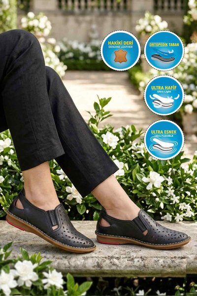 AYAKMOD Black Genuine Leather Narrow Fit Orthopedic Women's Casual Shoes 1009 Z