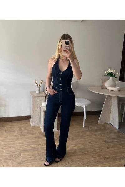 ParlaMira Women's Halter Neck Button Detailed Denim Jumpsuit