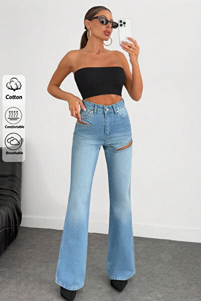 XRAY JEANS بنطلون جينز نسائي باللون الأزرق بتفاصيل سحاب من نوع بالازو
