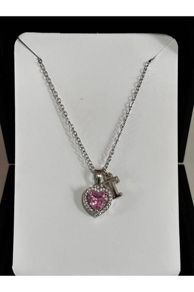 bijoux uniques Zarif çelik zincirli kararmaz T harfli pembe kolye