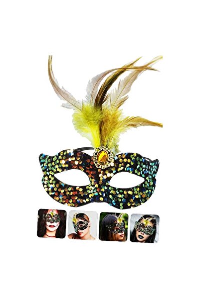naque Colorful Sequined Sequin on Black Velvet Yellow Feather Party Mask with...