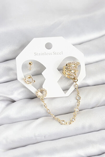 Generic Brand Uzay Model Brass Gold Color Chain Linked Ear Cuff Earring Set