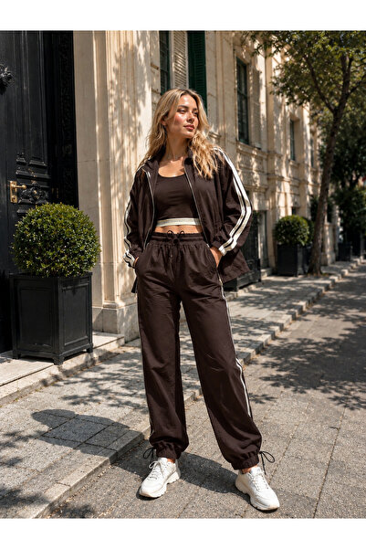 MERİDE Women's Dark Brown Sports Set – Stripe Detailed Crop Top, Oversized Ja...