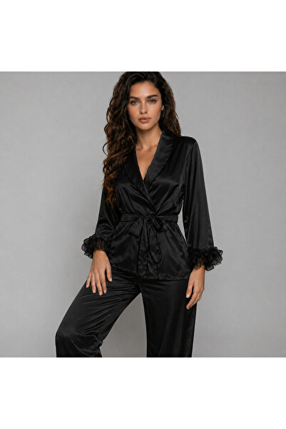 VELVIA Satin Pajama Set with Organza Ruffle Trim on the Pants and Robe