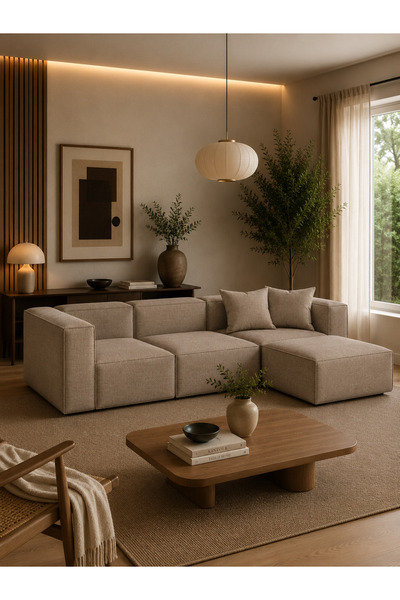 Haliloğlu Relax Soft Standart 4 Modül Köşe Takımı (Sütlü Kahve) Keten 40, (2 ...