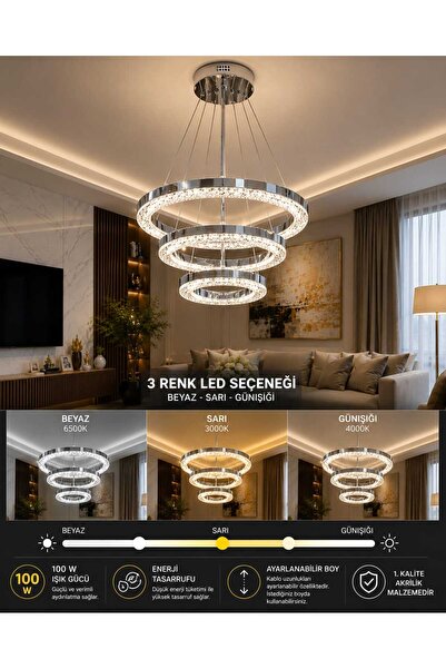 Marsel Lighting YUAN 3LU SARKIT AVİZE 3 RENK LED SECENEKLİ SALON OTURMA ODASI...