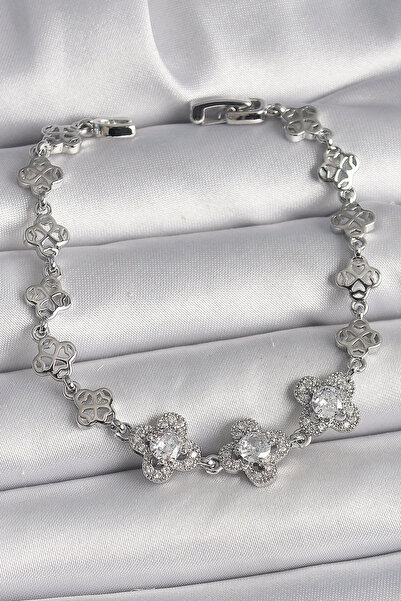 USLUCAN ALIŞVERİŞ Brass Silver Color Zircon Stone Clover Model Women's Bracelet
