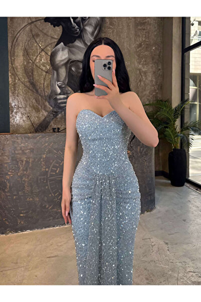 missswans Milora Boncuk İşlemeli Önü Kuyruk Detaylı Eteği Drapeli Midi Boy Ab...