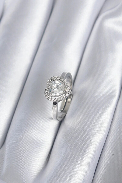 USLUCAN ALIŞVERİŞ Brass Silver Color Zircon Stone Heart Charm Model Women's Ring
