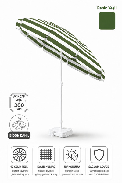 Durul Plaj Şemsiyesi Balkon Bahçe Güneş Şemsiyesi 200cm Bidon Dahil 10 Telli ...