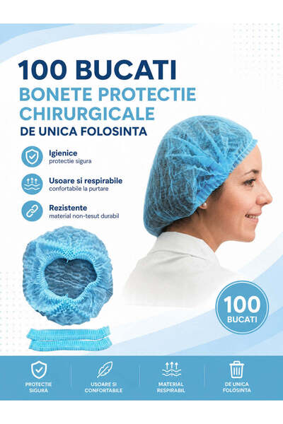 DEMOTEKS 100 Bucati Bonete Elastice Protectie Chirurgicale Albastre Capeline ...