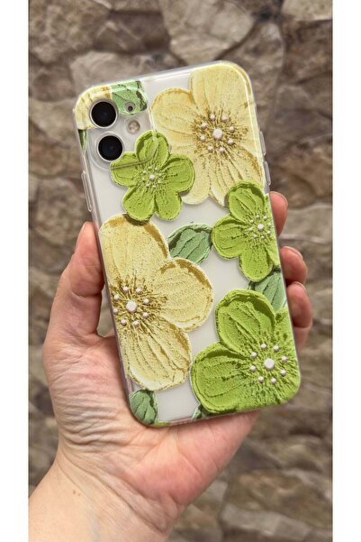Vip Case iPhone 11 Uyumlu Yeşil Çiçek Desenli Şeffaf Darbe Emici Kamera Korum...
