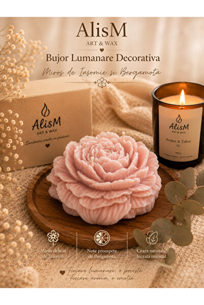 AlisM Art&Wax Lumânare decorativă bujor roz din ceară de soia – parfum Iasomi...