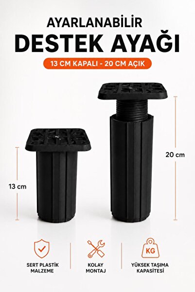 NZB Siyah Ayarlanabilir Kare Başlı Destek Ayağı 13x20 Cm Sert Plastik Tekli D...