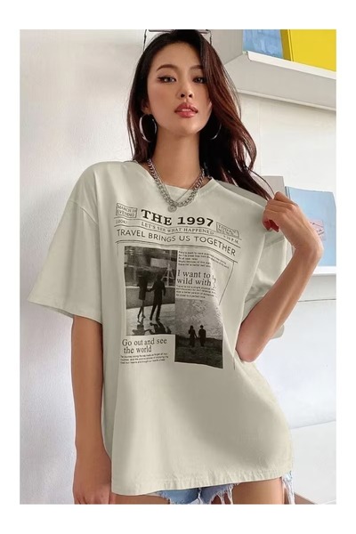 PAVRO Unisex Άνετο T-shirt με μικτό σχέδιο και στάμπα