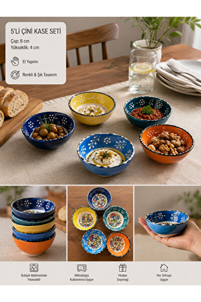 PALU Set of 5 Handmade Tile Patterned Ceramic Bowls 8 cm Colorful Sauce Bowl ...