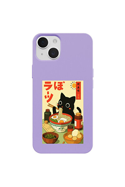 Casen iPhone 15 Lila Lansman Renkli Silikon Black Cat Tasarımlı Telefon Kılıfı