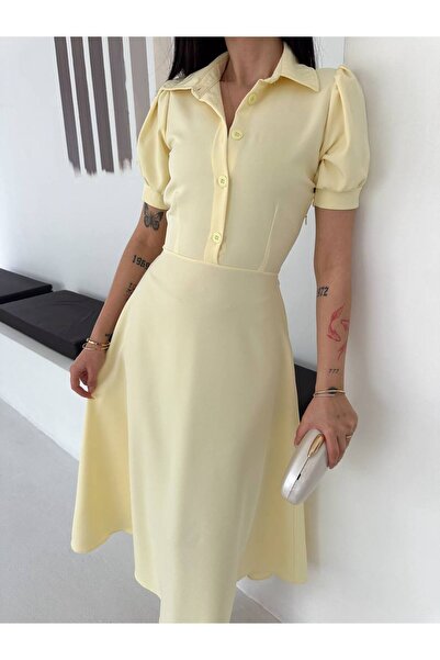 BLUSS Women's Balloon Sleeve Belted Flared Midi Dress