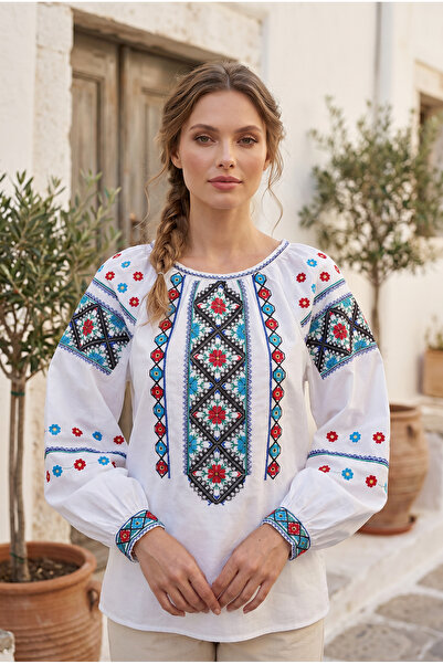FEMELLE Bluză albă din bumbac, cu mâneci tip balon și broderie, pentru femei