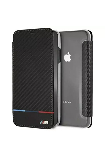 BMW BMTRBKI65PUCARTCBK iPhone XS Max husă tip carte negru Carbon cu dungi tri...