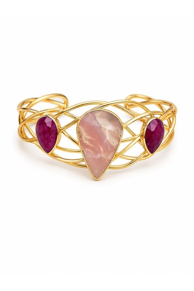 LEROSY CO. Filigree Pink Quartz and Root Ruby Stone Cuff Bracelet