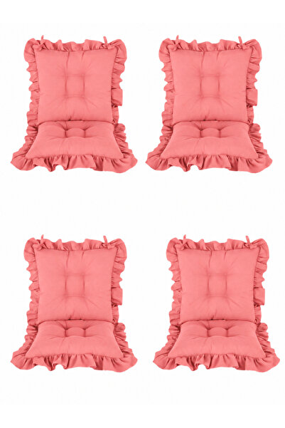 MİNDERHAN Fringed Chair Cushion with Backrest (Set of 4) 45X45 cm Candy Pink