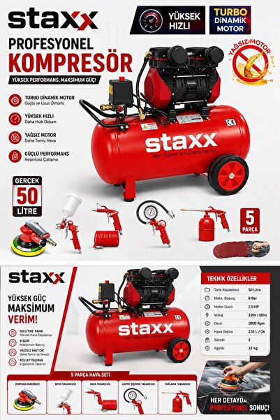 STAXX POWER 50 Litre Sessiz Yağsız Hava Kompresörü + 5 Parça Hava Kompresör S...