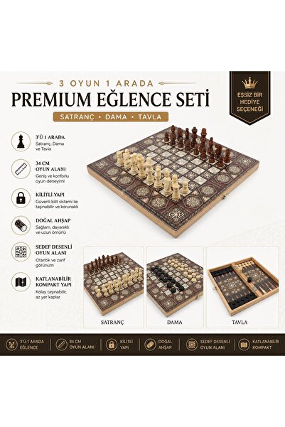 e-life shop Lüks Ahşap Sedef Görünümlü Katlanabilir 3’ü 1 Arada Satranç Dama ...