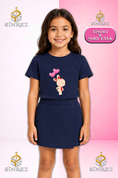 SİNREZ Girl's Set Tavsan Heart Balloon Printed on the Back Short Sleeve T-Shi...