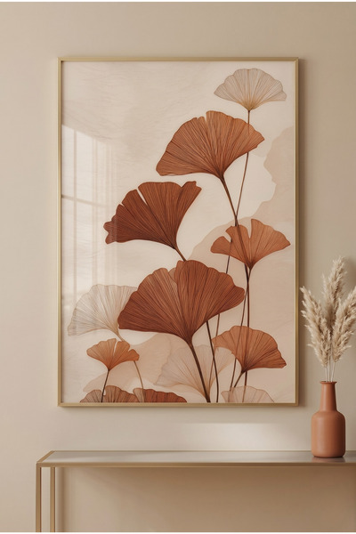 sayetablo Terracotta Ginkgo - Gerçek Cama Baskı Gold Alüminyum Metal Çerçevel...